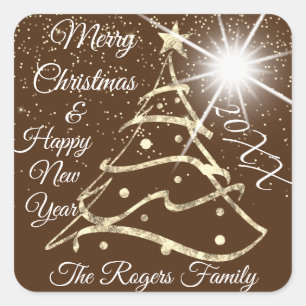 Merry Christmas & Happy New Year Gold Brown Square Sticker