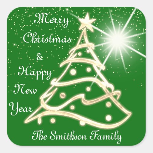 Merry Christmas  Happy New Year Gold Green  Square Sticker