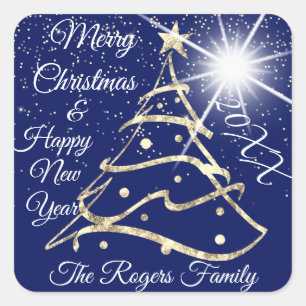 Merry Christmas & Happy New Year Gold Navy Square Sticker