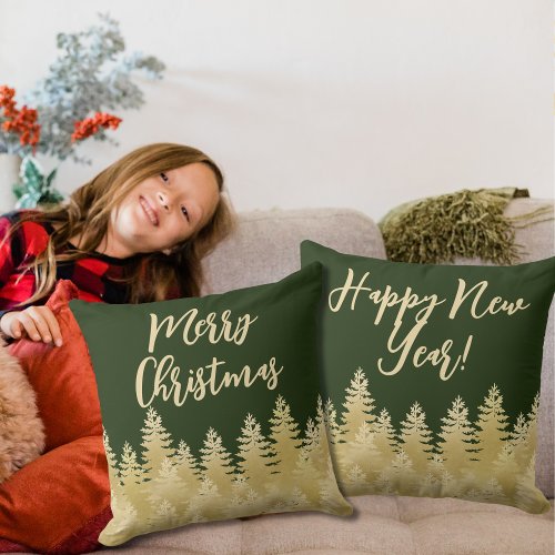 Merry Christmas Happy New Year Gold Pine Trees  Throw Pillow