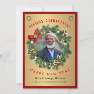 Merry Christmas Happy New Year Gold Red Photo Holiday Card