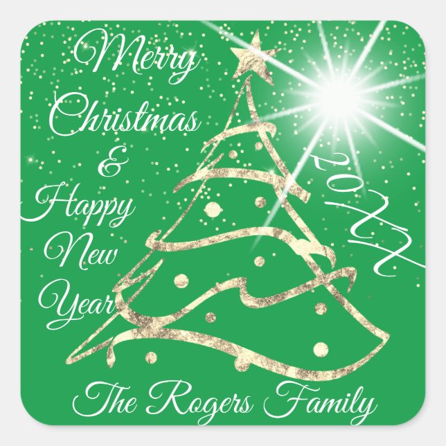 Merry Christmas & Happy New Year Gold Red Square Sticker (Front)