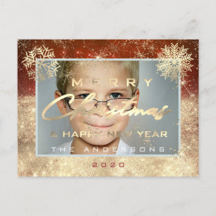Merry Christmas Happy New Year Gold Snow Photo Postcard
