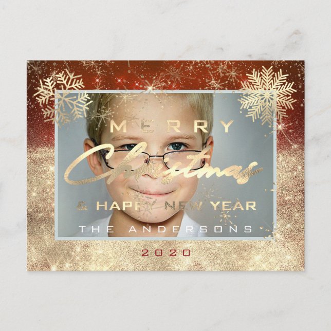 Merry Christmas Happy New Year Gold Snow Photo Postcard (Front)
