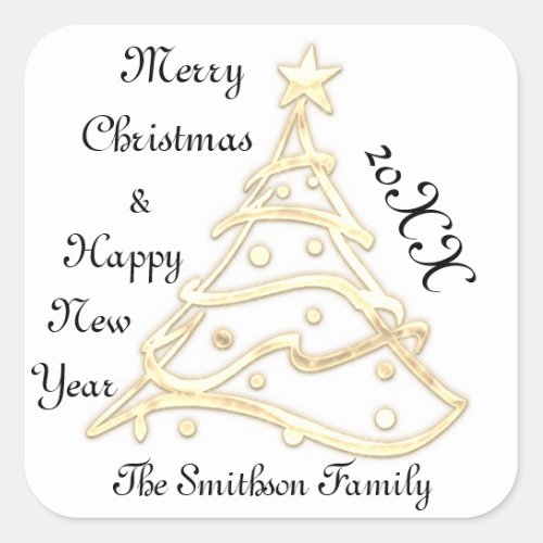 Merry Christmas  Happy New Year Gold White Name Square Sticker