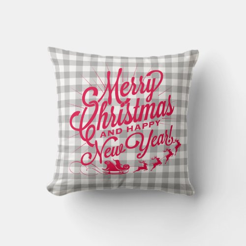 Merry Christmas Happy New Year Gray Check Pattern Throw Pillow