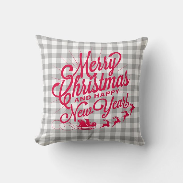 Merry Christmas Happy New Year Gray Check Pattern Throw Pillow (Front)