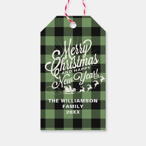 Merry Christmas Happy New Year Green Plaid Gift Tags