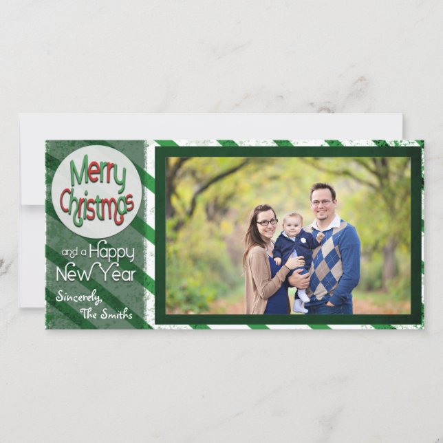 Merry Christmas / Happy New Year Green Stripes Holiday Card (Front)