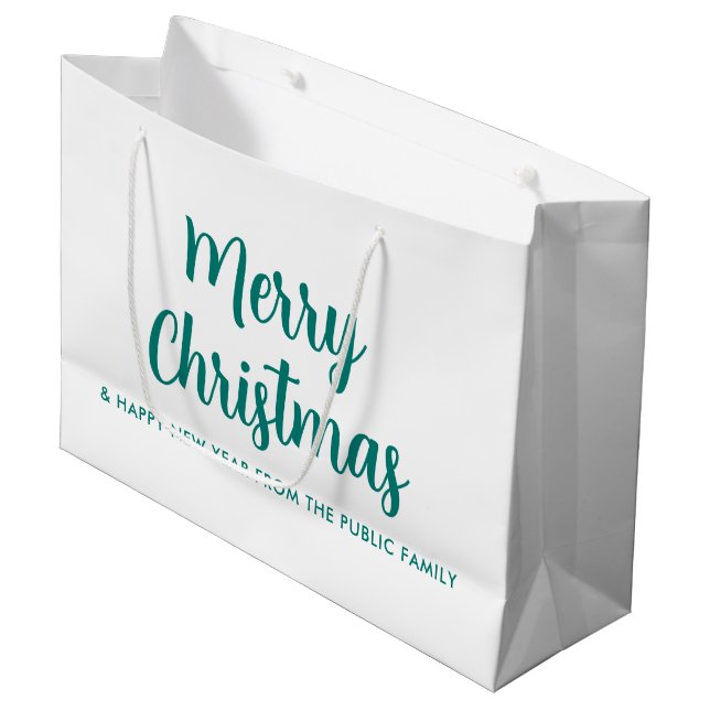 Merry Christmas Happy New Year Green White Custom Large Gift Bag (Front Angled)