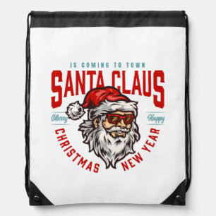 Merry Christmas & Happy New Year Hipster Santa Drawstring Bag