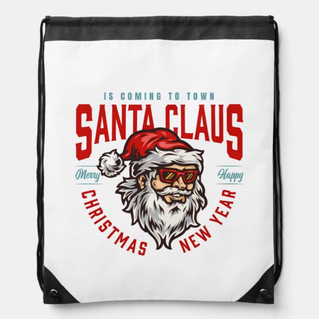 Merry Christmas & Happy New Year Hipster Santa Drawstring Bag (Front)