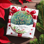 Merry Christmas & Happy New Year Holiday Greetings Classic Round Sticker<br><div class="desc">Merry Christmas and Happy New Year Season's Holiday Greeting Stickers Template - Chic Botanical Floral Poinsettia,  Red Berry Pine Tree Branch and Snow Land.</div>