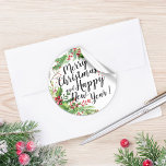 Merry Christmas & Happy New Year Holiday Greetings Classic Round Sticker<br><div class="desc">Merry Christmas and Happy New Year Season's Holiday Greeting Stickers Template - Chic Botanical Floral Poinsettia,  Red Berry and Pine Tree Branch.</div>