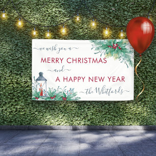 Merry Christmas Happy New Year Holly Mistletoe Banner