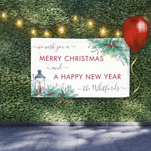 Merry Christmas Happy New Year Holly Mistletoe Banner