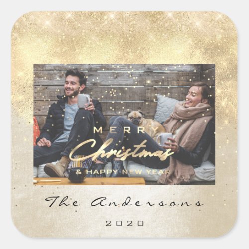 Merry Christmas Happy New Year Ivory Gold Photo Square Sticker