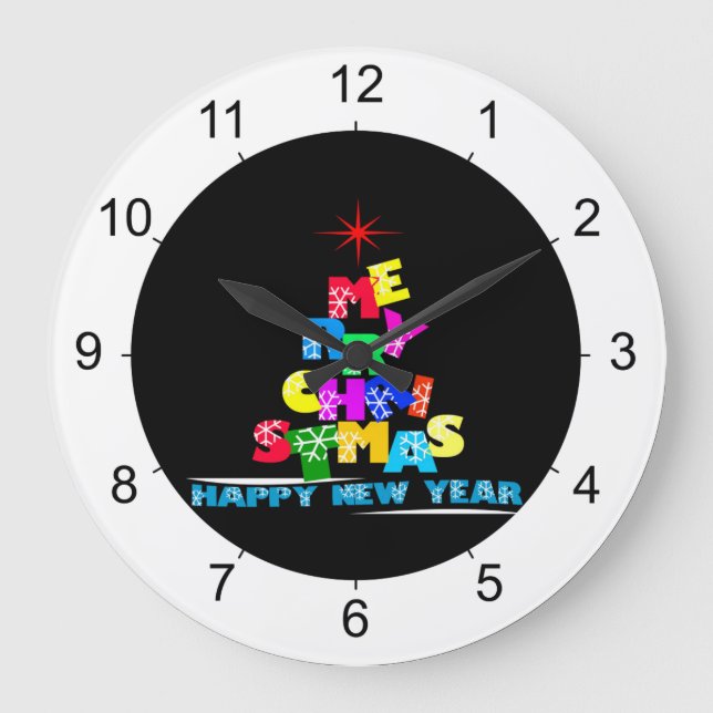 Merry Christmas Happy New Year Large Clock (Front)