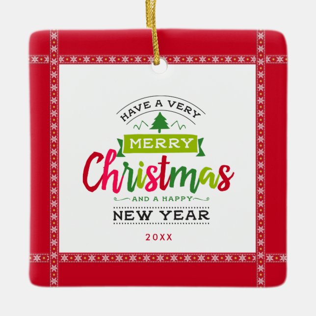 Merry Christmas Happy New Year Lettering Ceramic Ornament (Front)