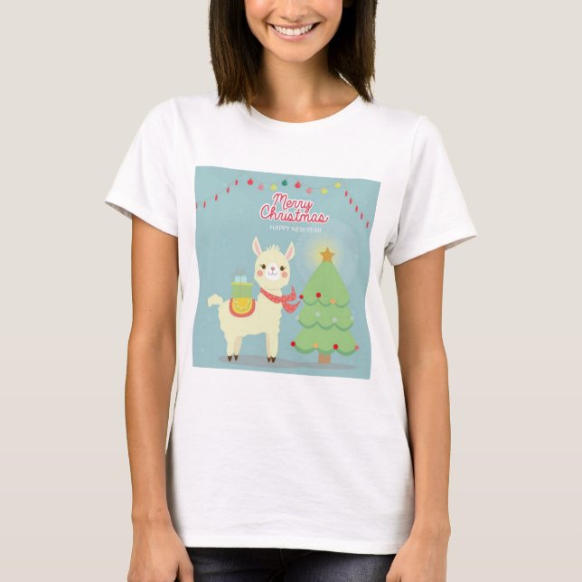 Merry Christmas Happy New Year Llama T-Shirt (Front)