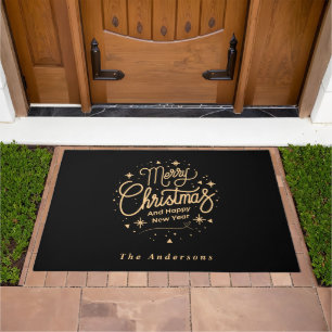 Merry Christmas Happy New Year Modern Black & Gold Doormat