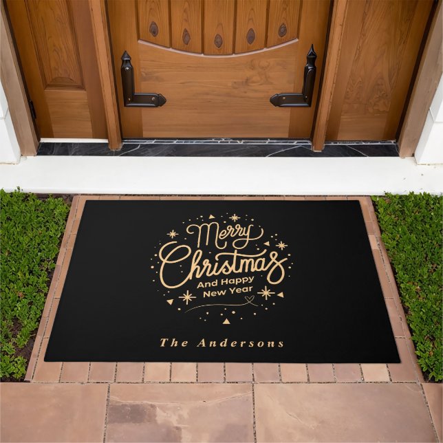 Merry Christmas Happy New Year Modern Black & Gold Doormat (Outdoor)