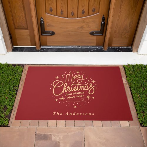 Merry Christmas Happy New Year Modern Red  Gold Doormat