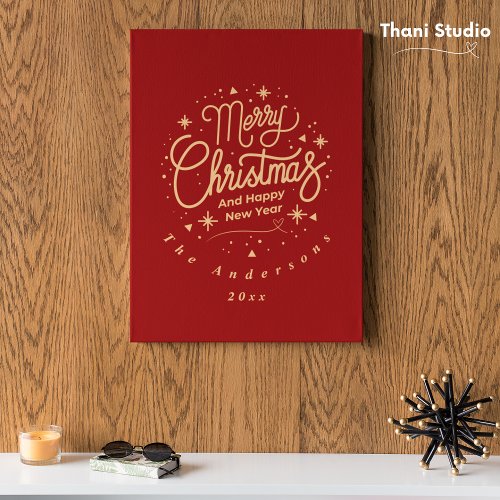 Merry Christmas Happy New Year Modern Red  Gold Faux Canvas Print