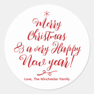Merry Christmas Happy New Year modern red script Classic Round Sticker