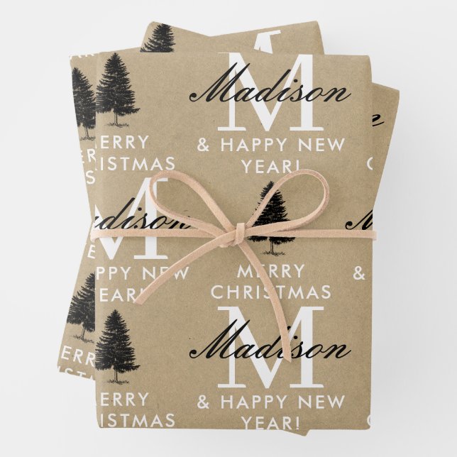 Merry Christmas Happy New Year Monogram Kraft Wrapping Paper Sheets (In situ)