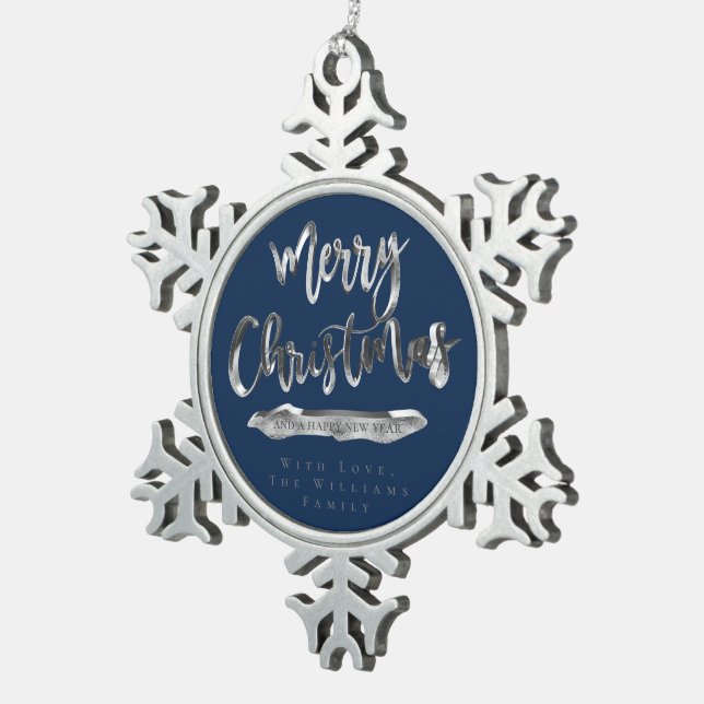 Merry Christmas Happy New Year Navy Blue Silver Snowflake Pewter Christmas Ornament (Right)