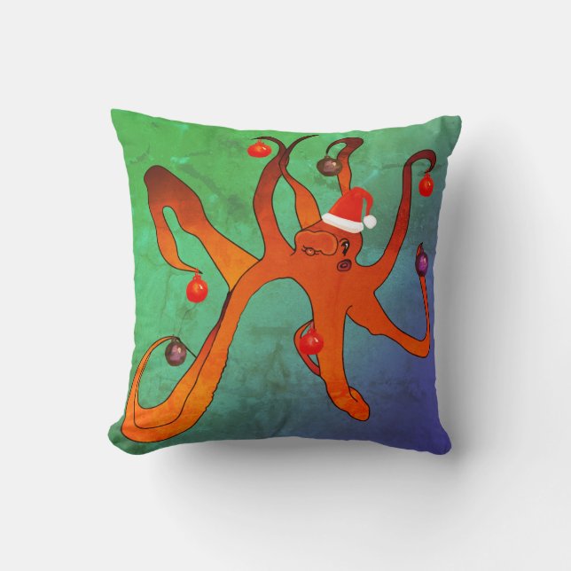 Merry Christmas, Happy New Year Octopus Throw Pillow (Front)