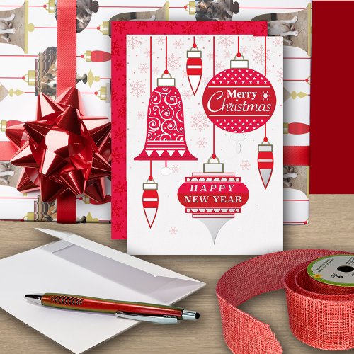 Merry Christmas Happy New Year Ornaments Red Real Foil Holiday Card