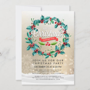 Merry Christmas Happy New Year Party Holly Wreath Invitation