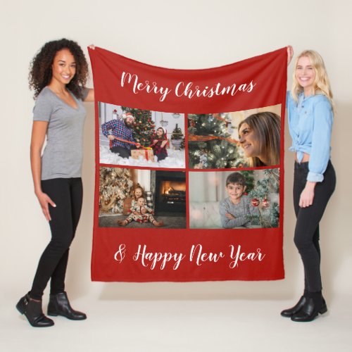 Merry Christmas Happy New Year Photo Collage Red   Fleece Blanket