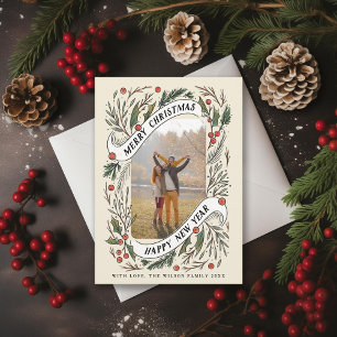 Merry Christmas Happy  New Year Pine Holly Photo Holiday Card