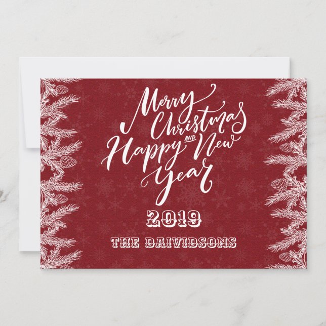 Merry Christmas & Happy New Year Pine Red Glitter Holiday Card (Front)