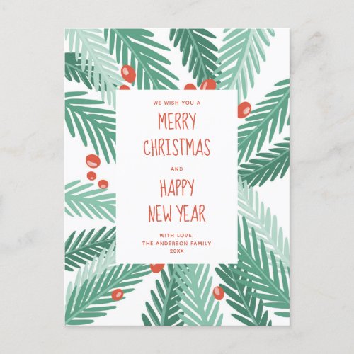 Merry Christmas Happy new year Pines Modern Holiday Postcard