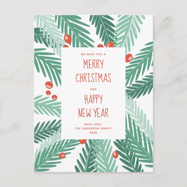 Merry Christmas. Happy new year. Pines. Modern Holiday Postcard (Front)