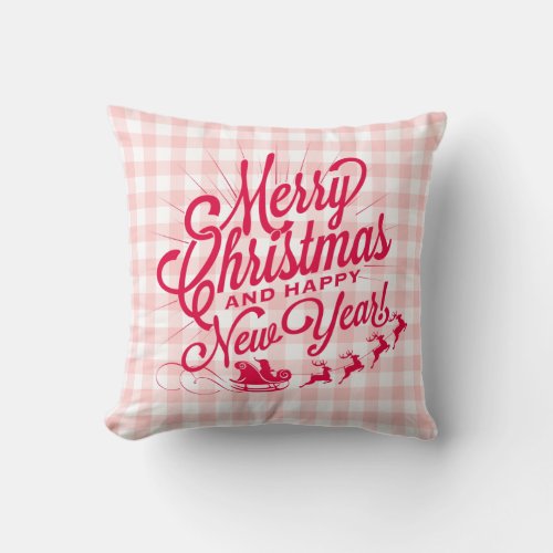 Merry Christmas Happy New Year Pink Check Throw Pillow