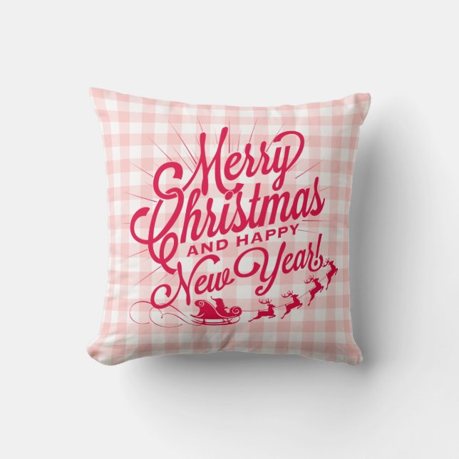 Merry Christmas Happy New Year Pink Check Throw Pillow (Front)