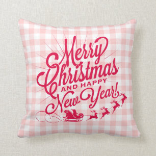 Merry Christmas Happy New Year Pink Check Throw Pillow