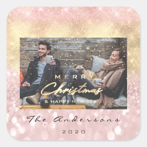 Merry Christmas Happy New Year Pink Gold Photo Square Sticker