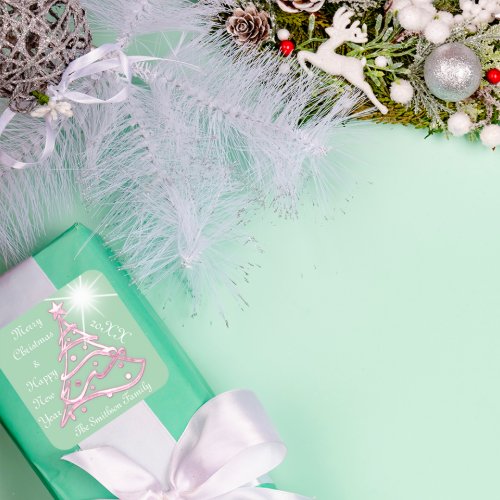 Merry Christmas  Happy New Year Pink Green Stars Square Sticker