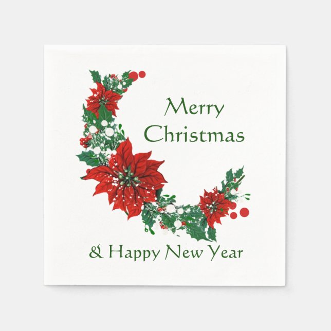 Merry Christmas Happy New Year Pointsettia Napkins (Front)
