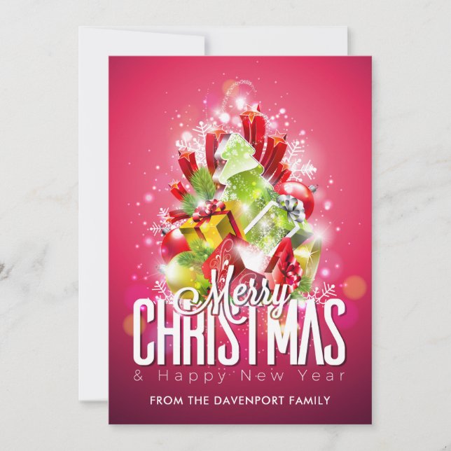 Merry Christmas Happy New Year Presents & Tree Holiday Card (Front)