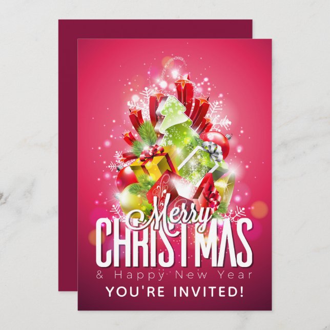 Merry Christmas Happy New Year Presents & Tree Invitation (Front/Back)