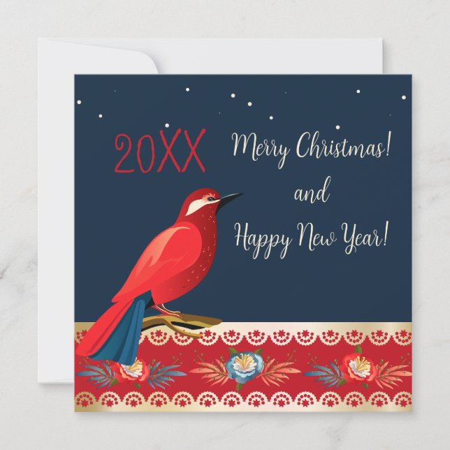 Merry Christmas Happy New Year! Red Bird flowers Holiday Card (Front)