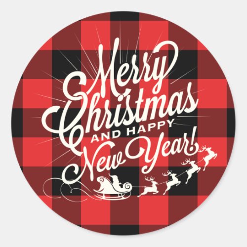 Merry Christmas Happy New Year Red Black Check Classic Round Sticker