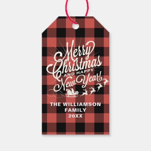 Merry Christmas Happy New Year Red Check Gift Tags